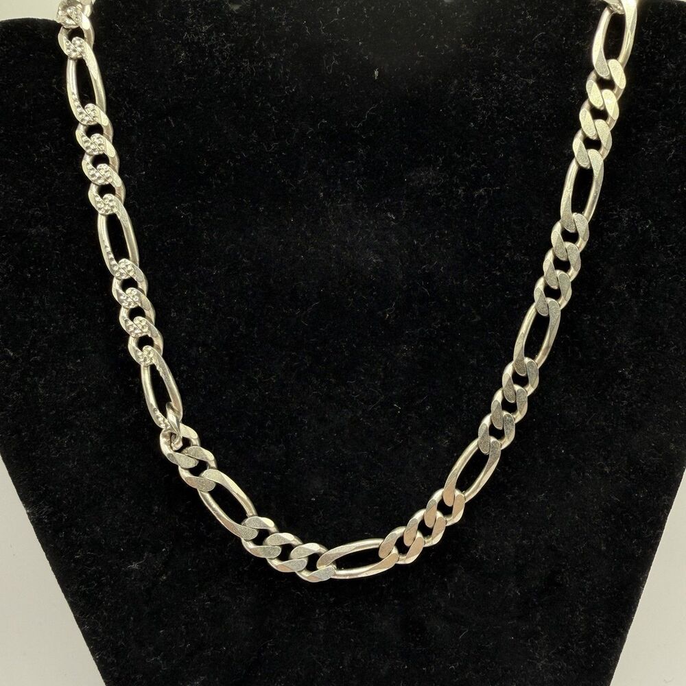 Vintage Sterling Silver Figaro Chain Necklace 22" Heavy 53.6g